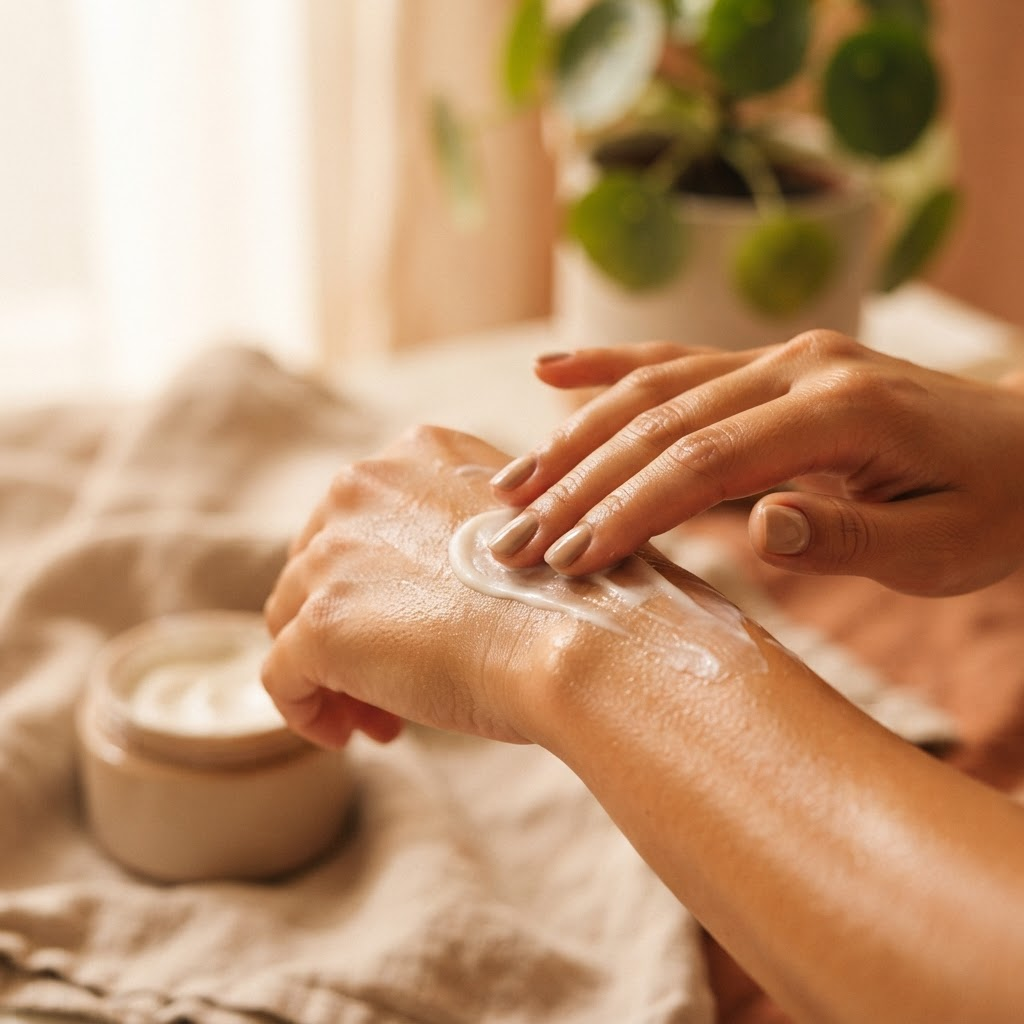 Hands smoothing moisturizer into glowing, sun-kissed tanned skin