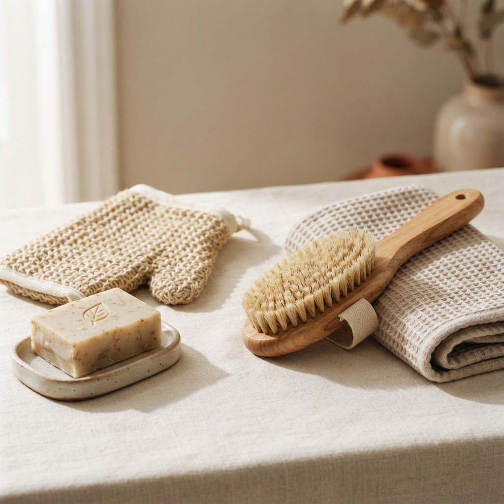 A gentle exfoliating mitt, soap, and body brush arranged on a warm cream background